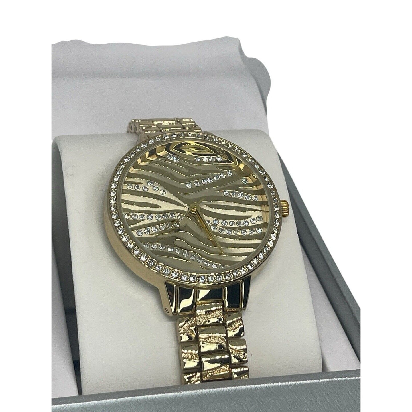 Gold Tone Crystal Bracelet Watch Women's Trendy Fashion Textured Style Chic Vday