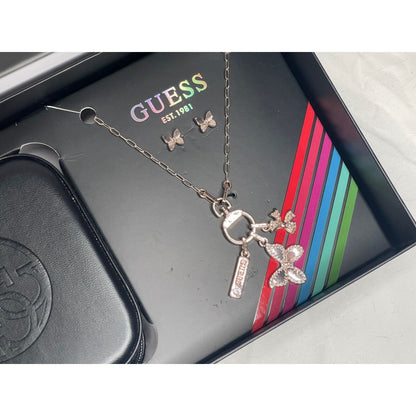 Guess Silver Tone Butterfly Charm Necklace Earrings (3pc Set) Trendy Style Vday