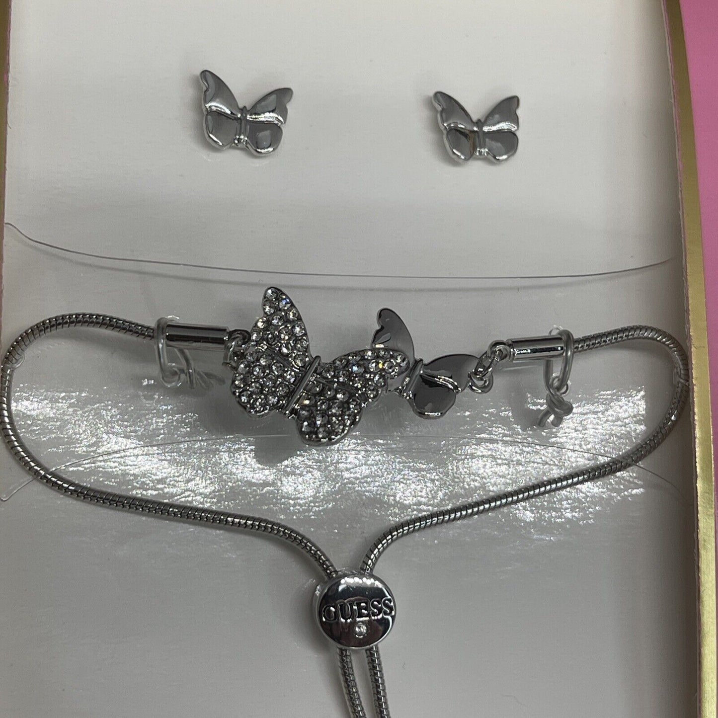 Guess Silver Tone Butterfly Bracelet Earrings (2pc Set) Fashion Chic Trendy Vday