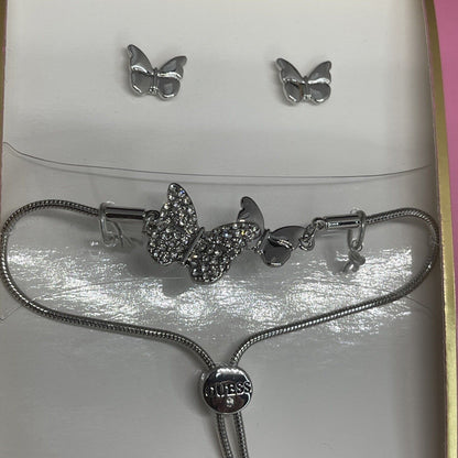 Guess Silver Tone Butterfly Bracelet Earrings (2pc Set) Fashion Chic Trendy Vday