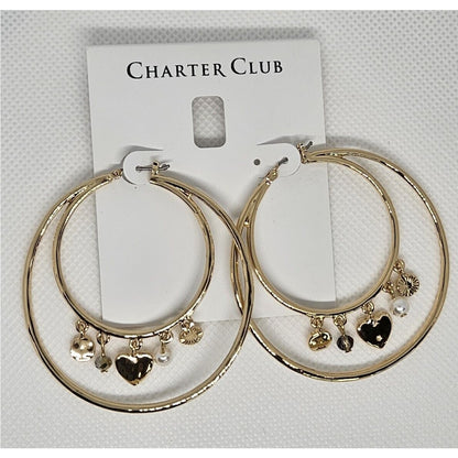 Gold Tone Double Hoop Faux Pearl Earrings Heart Charm Chic Trendy Fashion Style