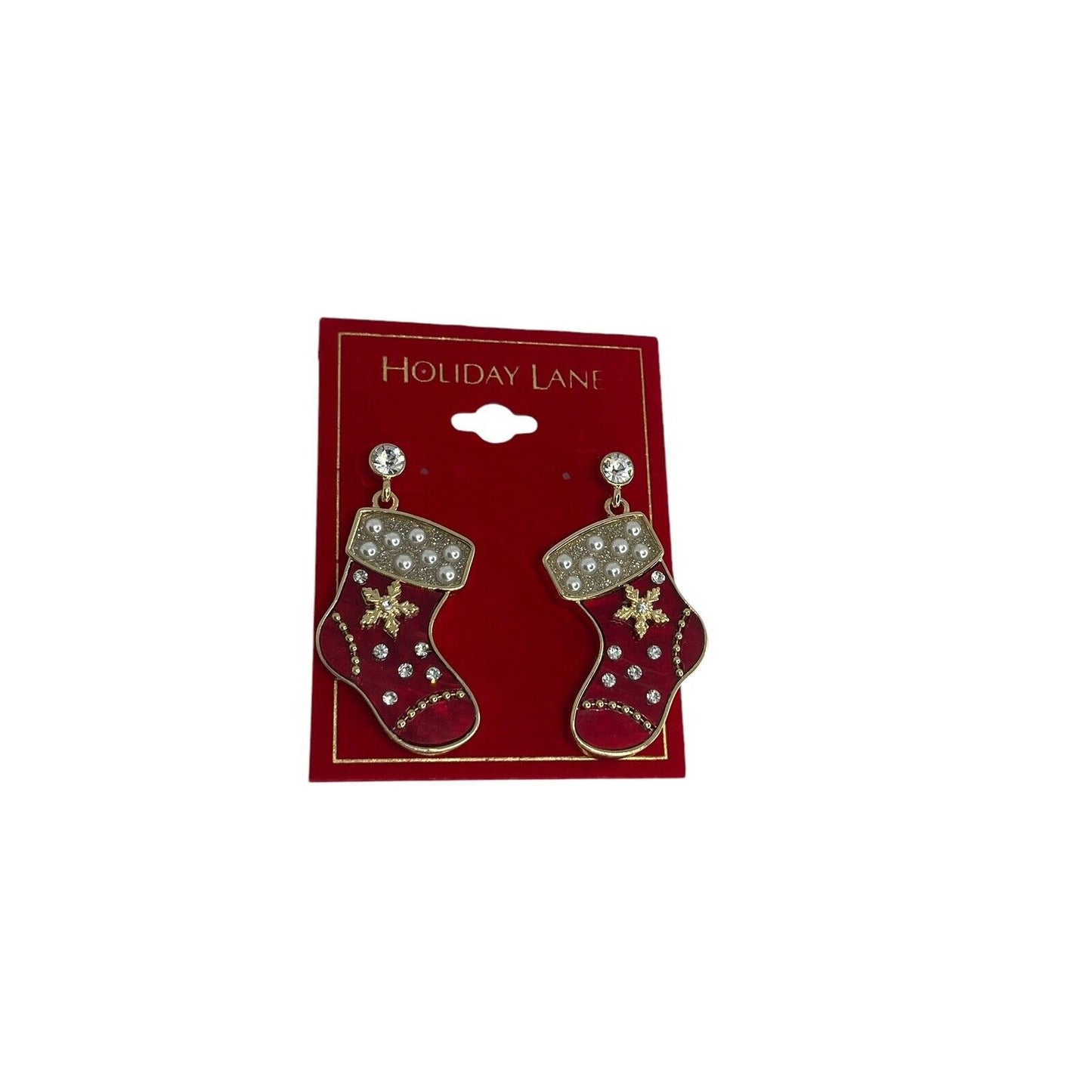 Gold Tone Crystal Xmas Stocking Earrings Faux Pearl Elegant Holidays Christmas