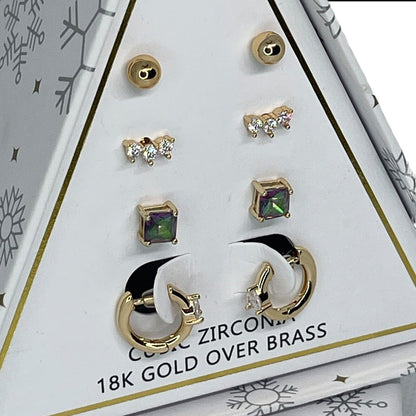 18K Gold Plate CZ Earrings 4pc Set Chic Xmas Ornament Box Fashion Stunning NWT