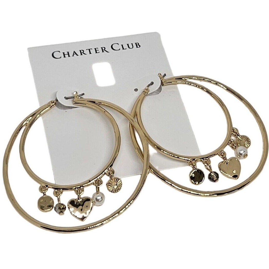 Gold Tone Double Hoop Faux Pearl Earrings Heart Charm Chic Trendy Fashion Style