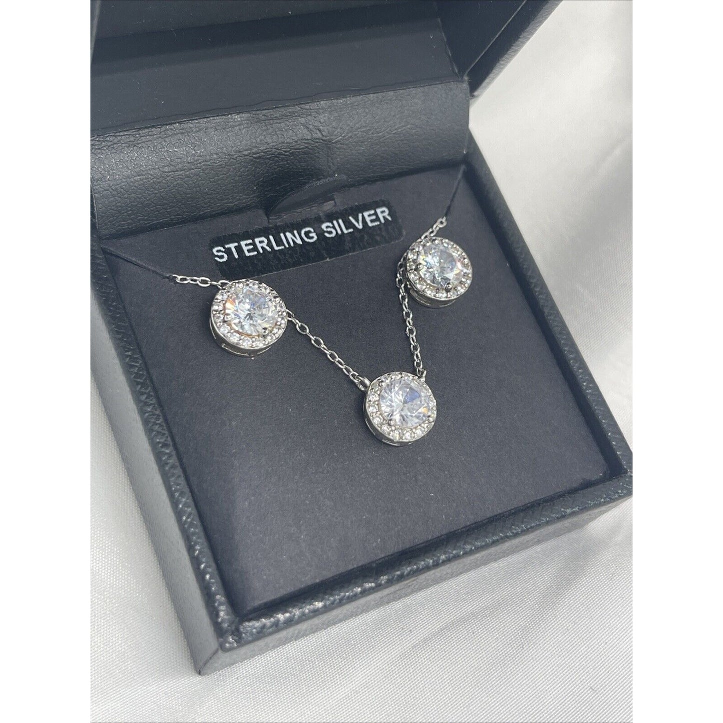 Sterling Silver CZ Halo Necklace Earrings (2pc Set) Stunning Chic Trendy Fashion