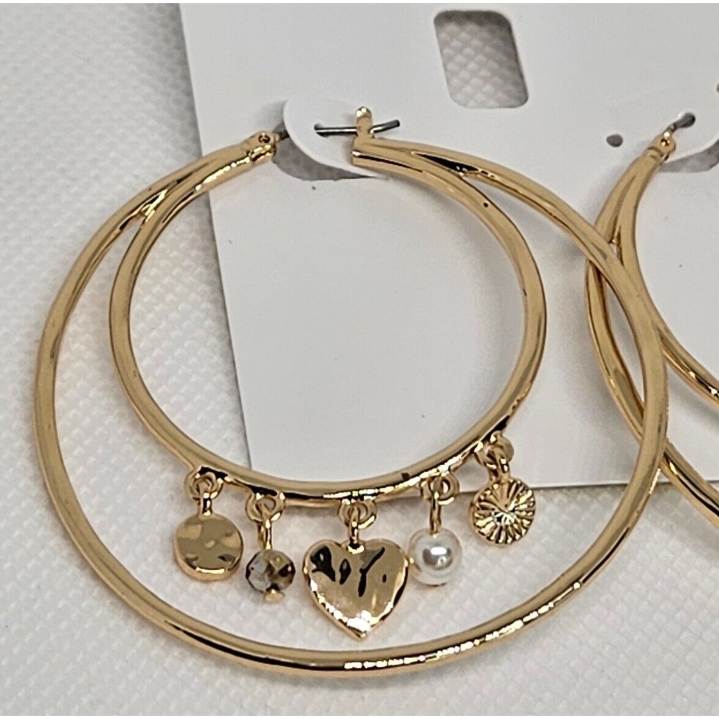 Gold Tone Double Hoop Faux Pearl Earrings Heart Charm Chic Trendy Fashion Style