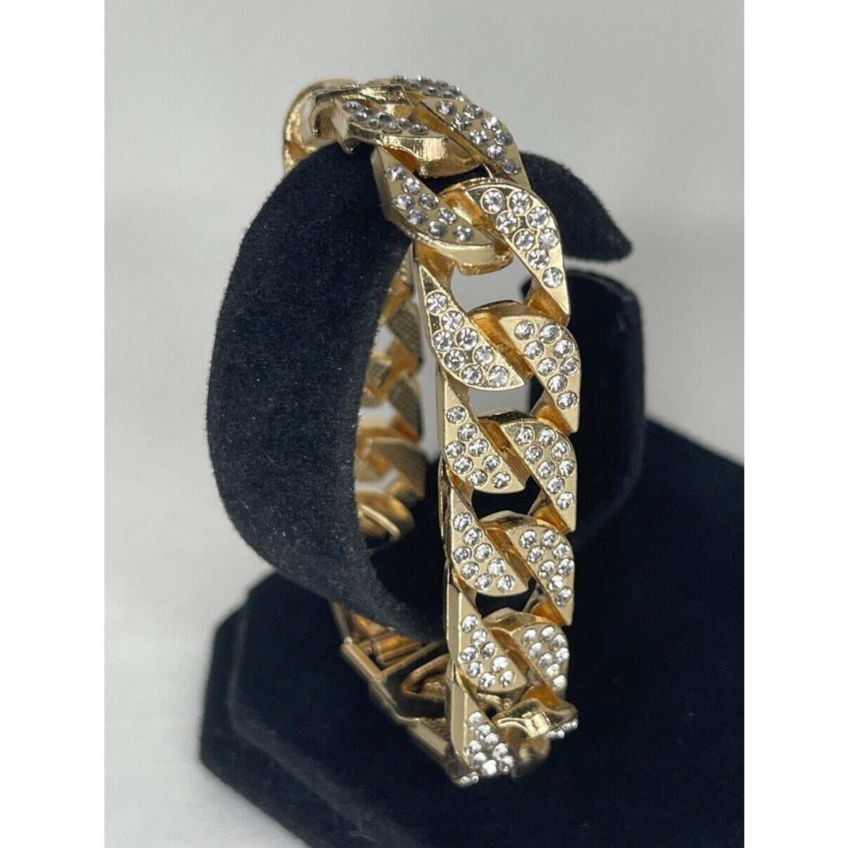 Gold Tone Crystal Chain Bracelet Men's Streetwear 8.5" Fashion Bling Glitz Style