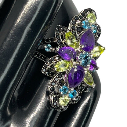 LUXY Gems Natural Topaz Amethyst Peridot Spinel Sterling Silver Ring Luxury Sz 7