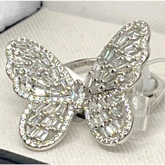 Sterling Silver CZ Butterfly Ring (Sz 7) Stunning Glitz Intricate Chic Fashion