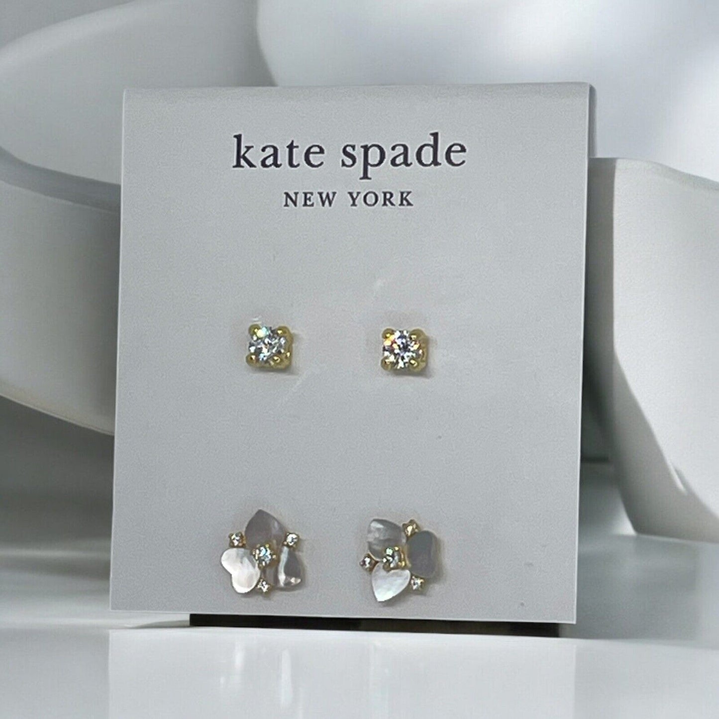 Kate Spade Mother Of Pearl CZ Pansy Earrings (2pc Set) Gold Tone Chic Trendy NWT