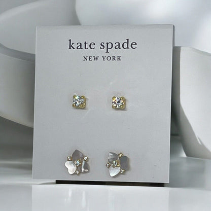 Kate Spade Mother Of Pearl CZ Pansy Earrings (2pc Set) Gold Tone Chic Trendy NWT