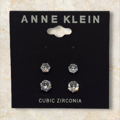 Anne Klein Silver Tone CZ Stud Earrings (2pc Set) Fashion Glitz Trendy Style NWT