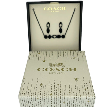 Coach Crystal Necklace Earrings 2pc Set Black Tone Chic Designer Luxury Trendy