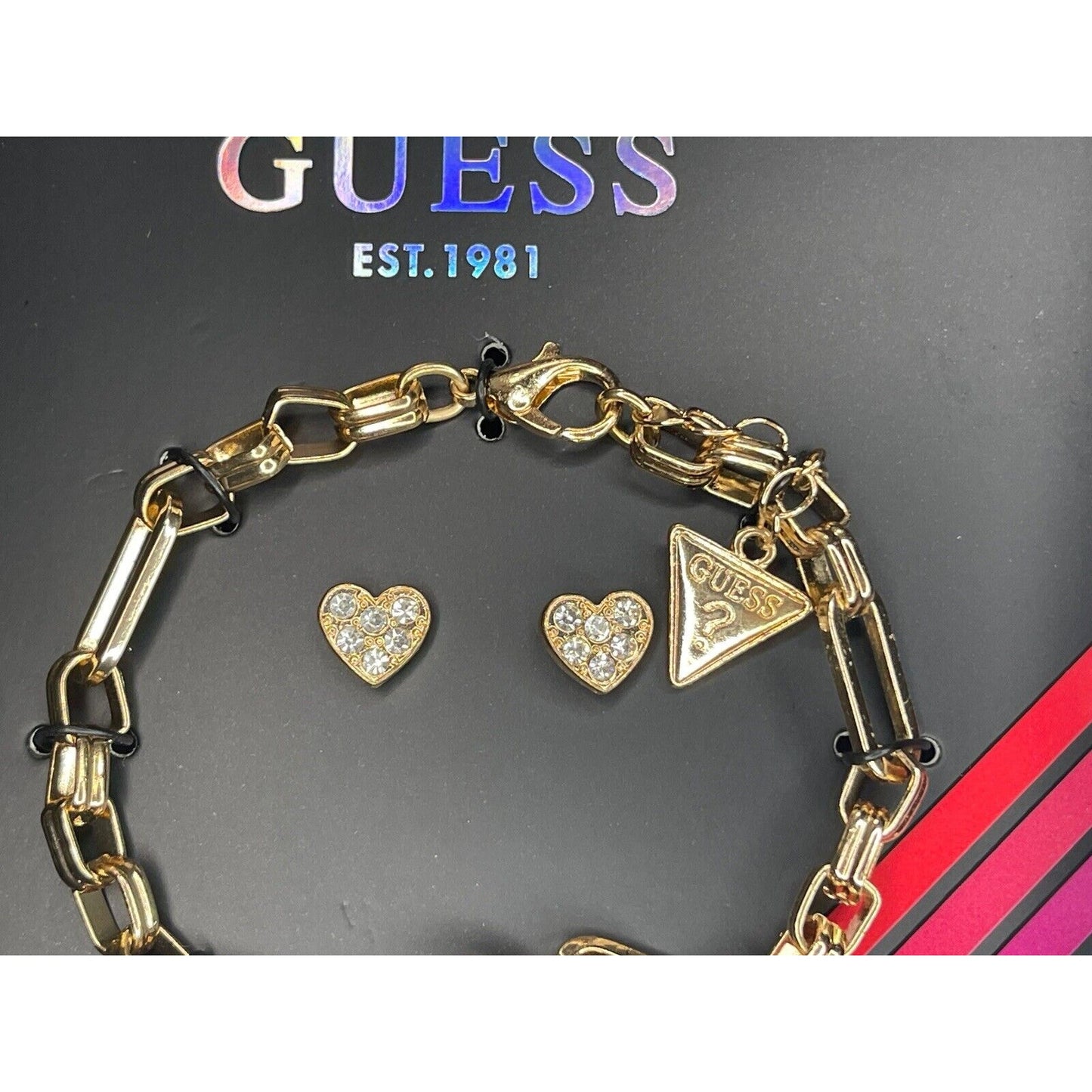 Guess Gold Tone Heart Charm Bracelet Earrings (3pc Set) Travel Case Trendy Vday