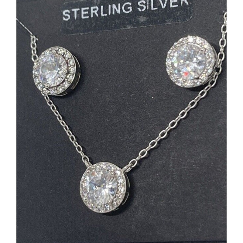 Sterling Silver CZ Necklace Earrings (2pc Set) Chic Glitz Trendy Stylish Vday