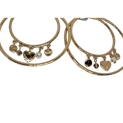 Gold Tone Double Hoop Faux Pearl Earrings Heart Charm Chic Trendy Fashion Style