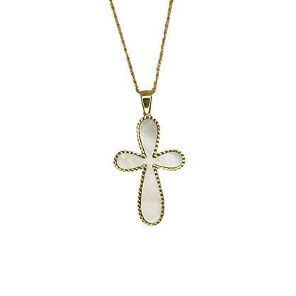 Solid 14K Gold Mother Of Pearl Cross Pendant Necklace Faith Fashion Stunning 18"