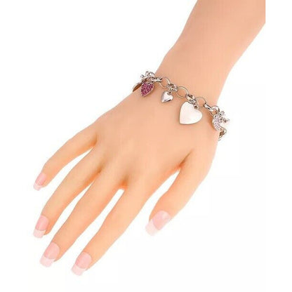 Silver Tone Crystal Heart Charm Bracelet Style Trendy Stunning Fashion Chic Vday