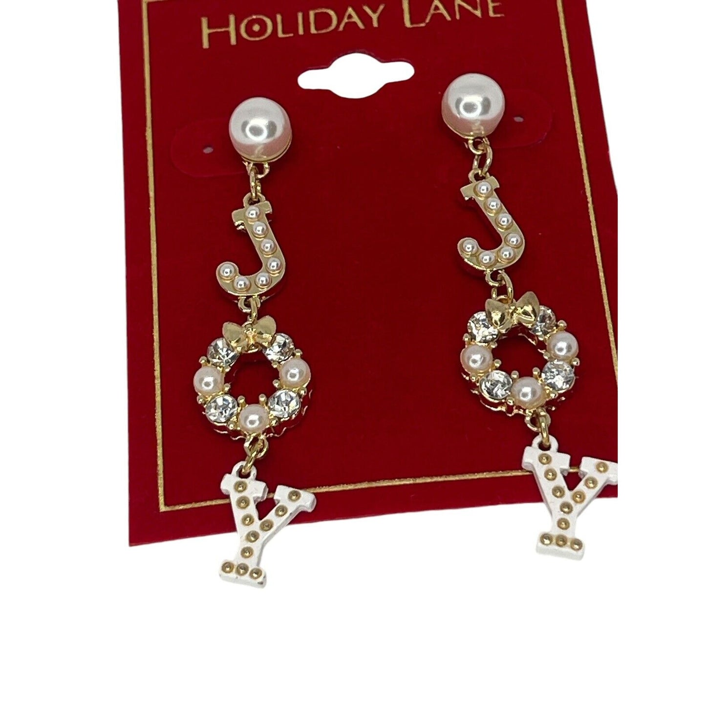 Gold Tone Crystal Faux Pearl Xmas Joy Earrings Elegant Bow Holiday Christmas NWT