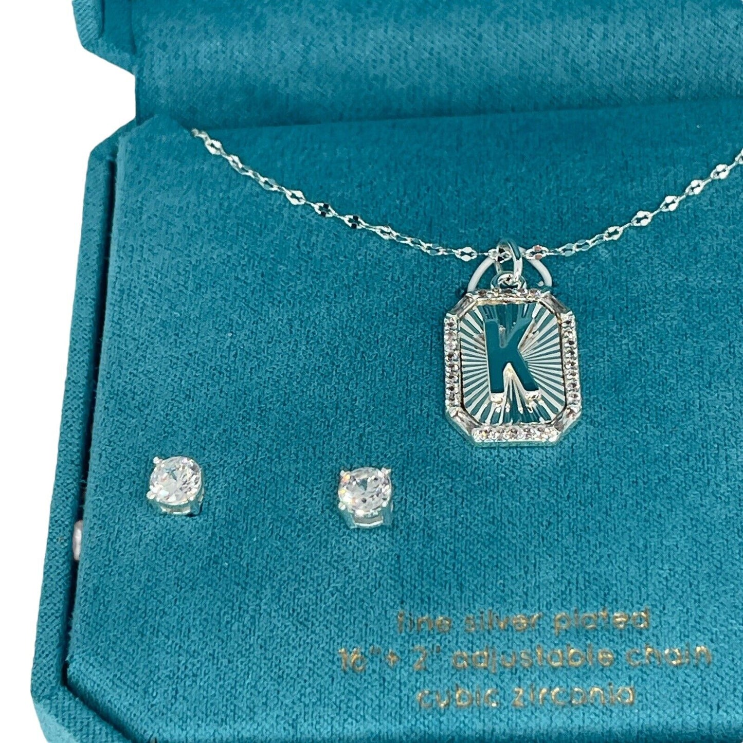 Silver Plated 'K' Initial Charm Necklace Earrings (2pc Set) Solitaire Stud Vday