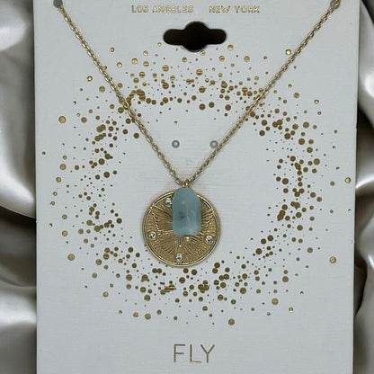 Unwritten Natural Amazonite 14K Gold Plated Necklace Butterfly Coin Pendant Chic