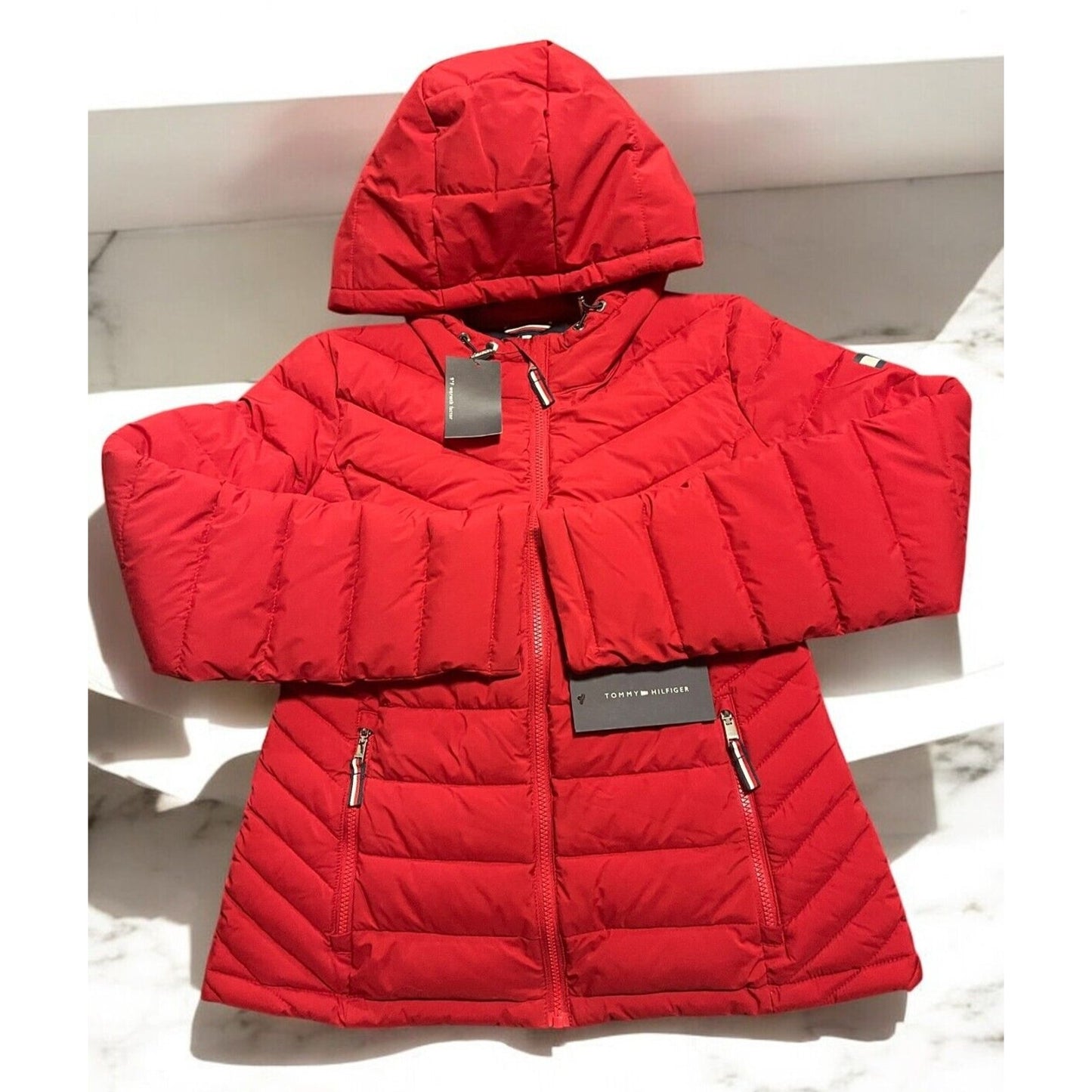 NWT Tommy Jeans Hilfiger Puffer Ski Coat Jacket THFlex Outerwear (Sz S) Crimson