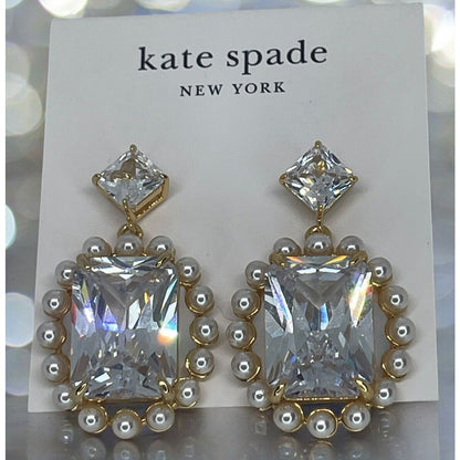 Kate Spade Faux Pearl Victoria Drop Halo Earrings Gold Tone CZ Chic Trendy Style