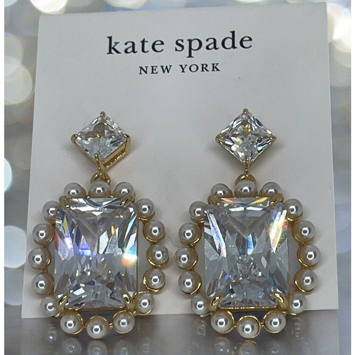 Kate Spade Faux Pearl Victoria Drop Halo Earrings Gold Tone CZ Chic Trendy Style