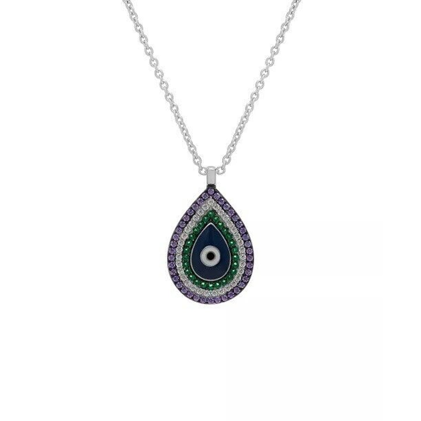 Silver Plated CZ Evil Eye Necklace Intricate Teardrop Style Trendy Stunning Chic