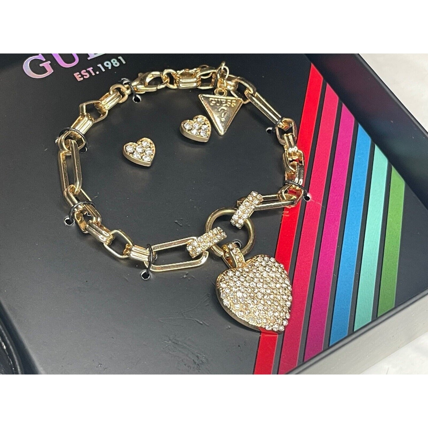 Guess Gold Tone Heart Charm Bracelet Earrings (3pc Set) Travel Case Trendy Vday