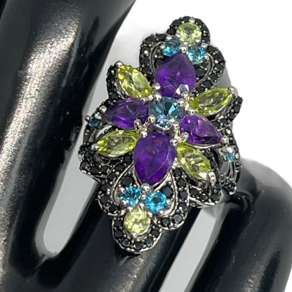 LUXY Gems Natural Topaz Amethyst Peridot Spinel Sterling Silver Ring Luxury Sz 7