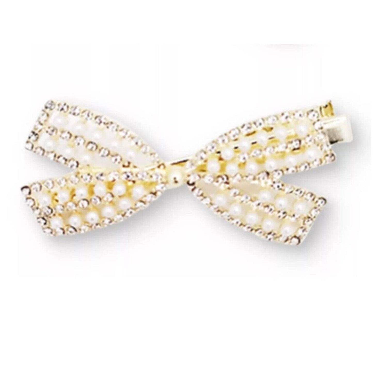 Gold Tone Crystal Faux Pearl Bow Barrette (2pc Set) Hair Clip Stylish Chic NWT