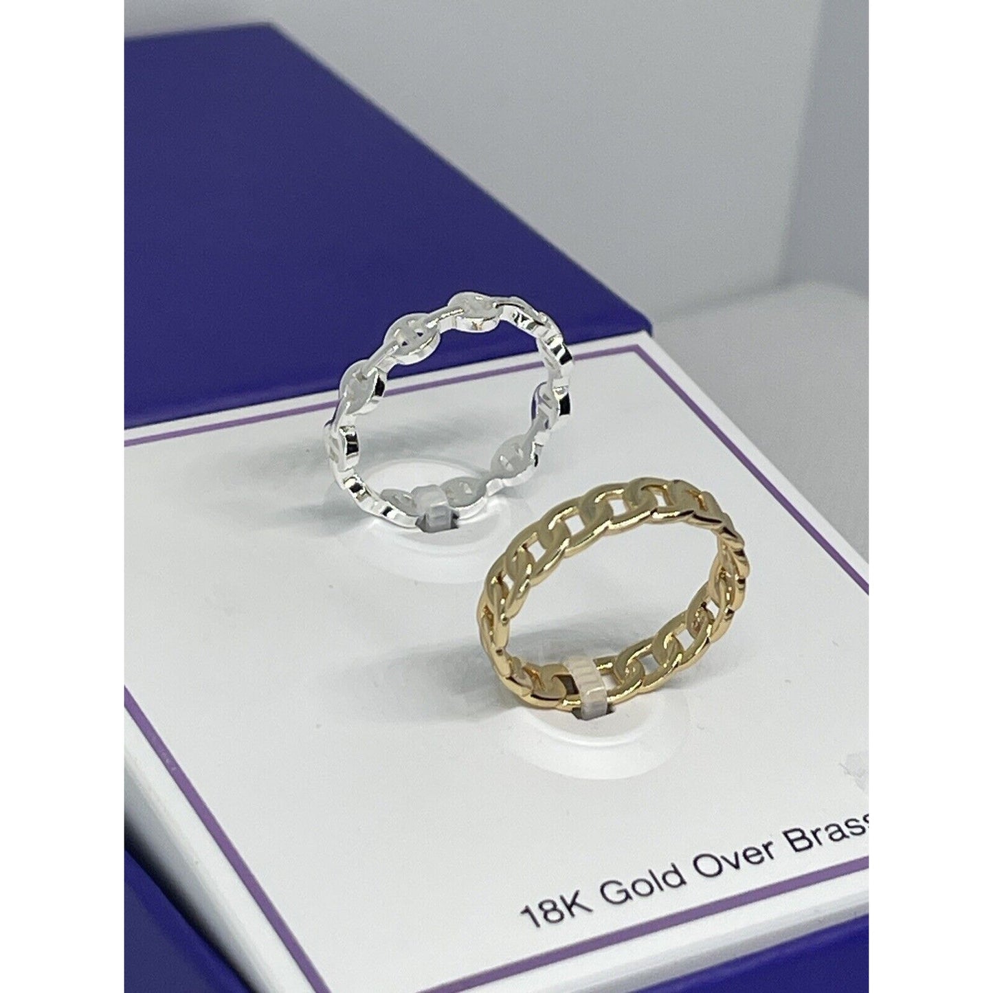 18K Gold Plated Chain Link Band Ring (2pc Set) Sz 8 Chic Trendy Stylish Fashion