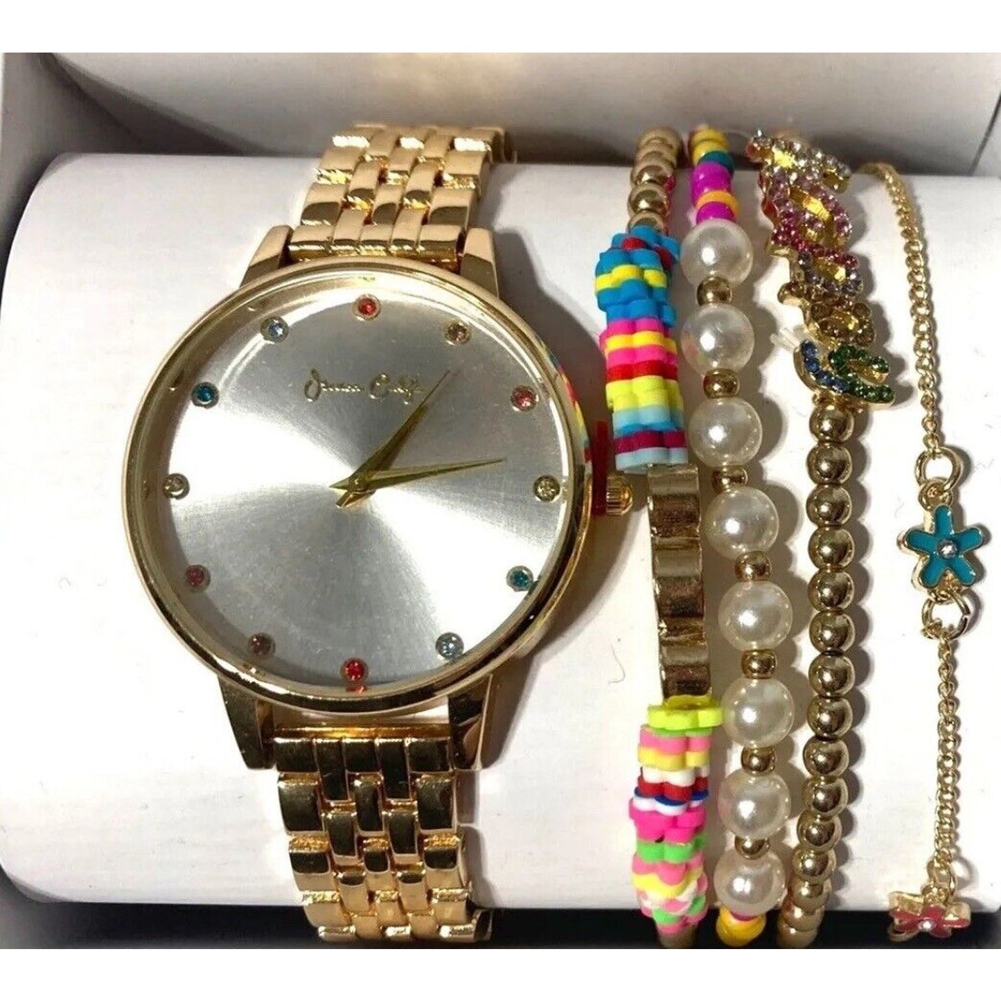 Gold Tone Crystal Watch Bracelet 5pc Set Elegant Fashion Stylish Shiny Stunning