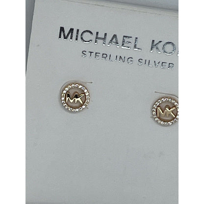 Michael Kors 14K Gold Vermeil CZ Hoop Earrings MK Logo Stud Luxury Trendy Chic