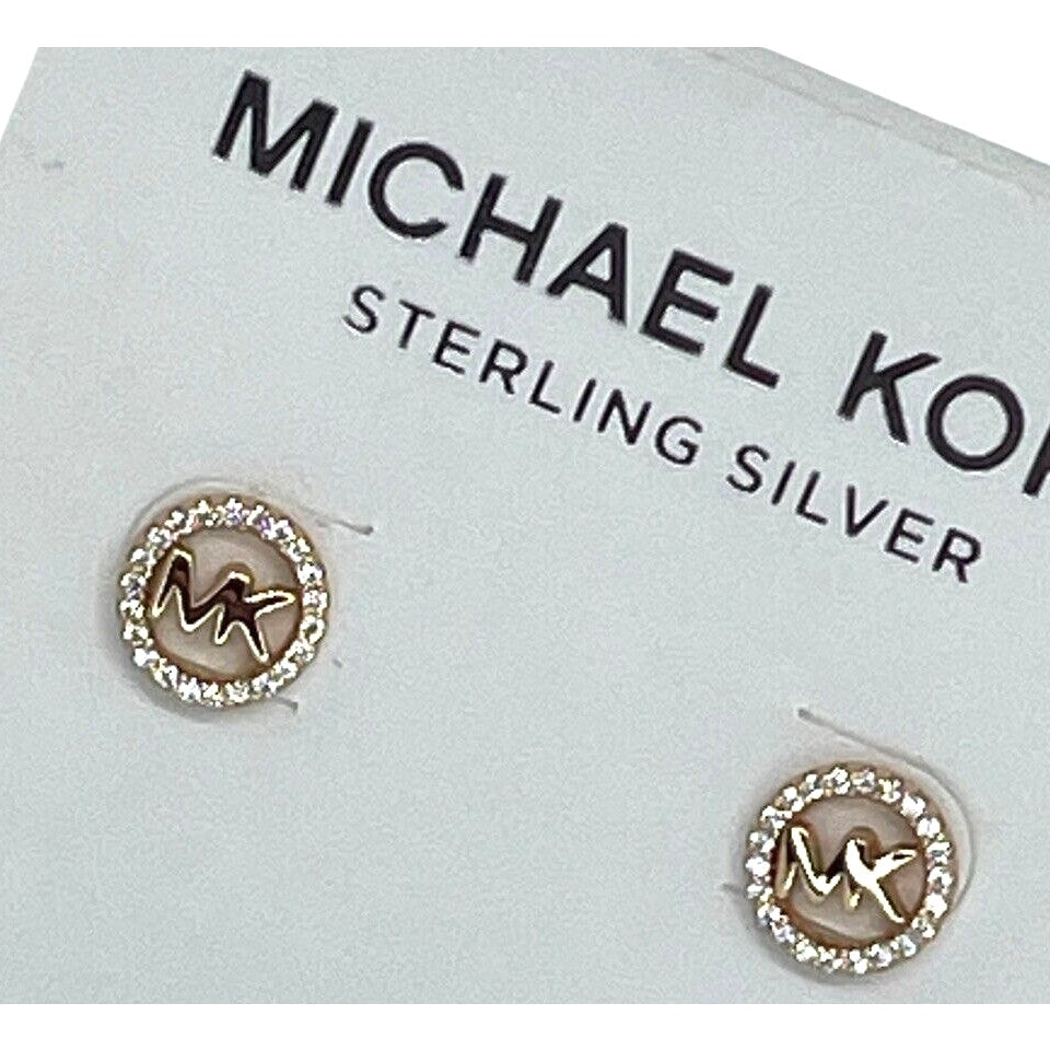 Michael Kors 14K Gold Vermeil CZ Hoop Earrings MK Logo Stud Luxury Trendy Chic