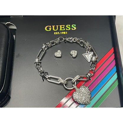 Guess Silver Tone Heart Charm Bracelet Earrings (3pc Set) Fashion Stylish Vday