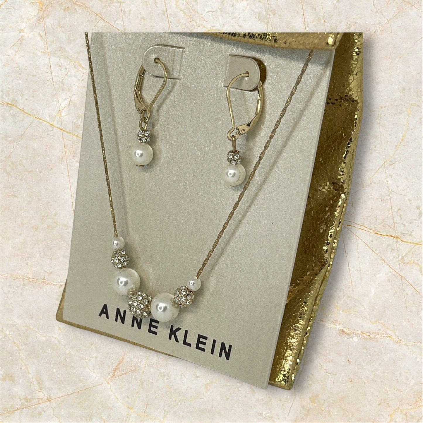 Anne Klein Intricate Faux Pearl Necklace Earrings 2 Pc Set Crystal Gold Tone NWT