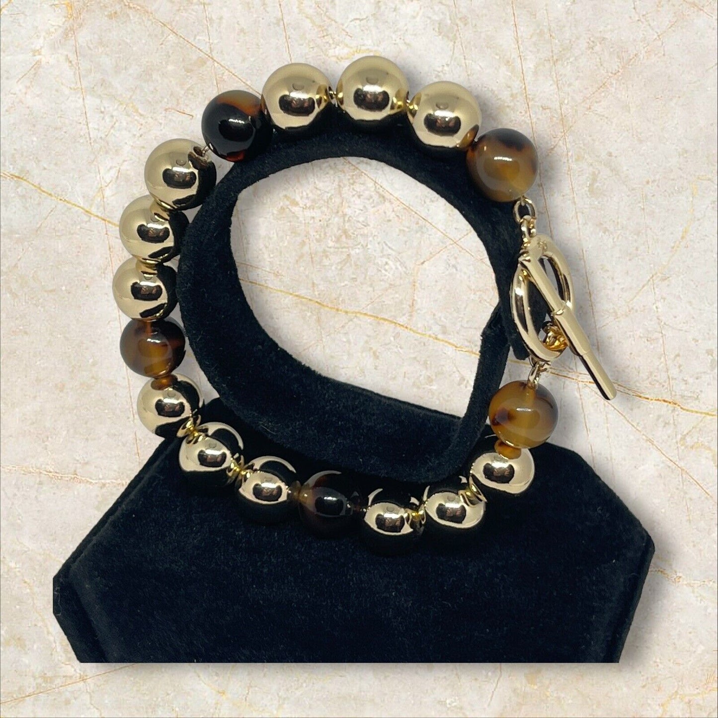 Ralph Lauren Gold Tone Tortoiseshell Bead Flex Bracelet Chic Trendy Fashion NWT