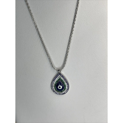 Silver Plated CZ Evil Eye Necklace Intricate Teardrop Style Trendy Stunning Chic