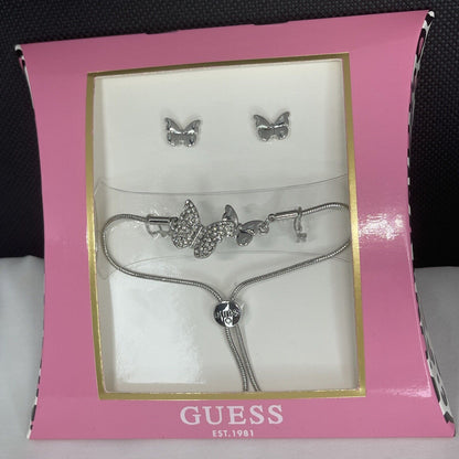 Guess Silver Tone Butterfly Bracelet Earrings (2pc Set) Fashion Chic Trendy Vday