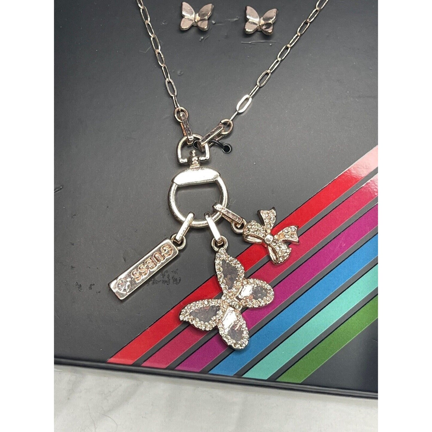 Guess Silver Tone Butterfly Charm Necklace Earrings (3pc Set) Trendy Style Vday