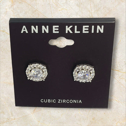 Anne Klein Silver Tone Elevated CZ Stud Earrings Stunning Shiny Glitz Style NWT