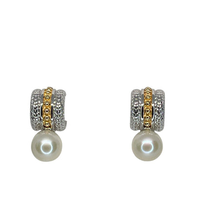 Pearl (7mm) Two Tone Huggie Hoop Earrings 14K Gold Vermeil Luxury Trendy Stylish