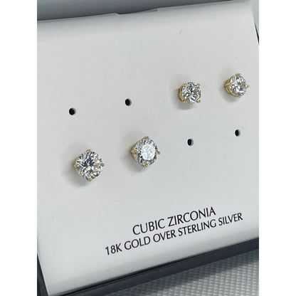 18K Gold Vermeil CZ Stud Earrings 2pc Set Glitzy Fashion Style Trendy Bling NWT