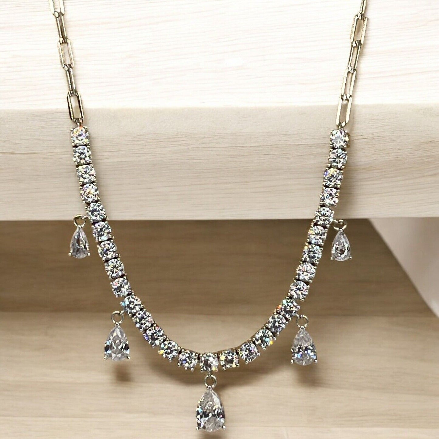 Sterling Silver Stunning CZ Collar Necklace Elegant Style Shiny Chic Dangle NWT