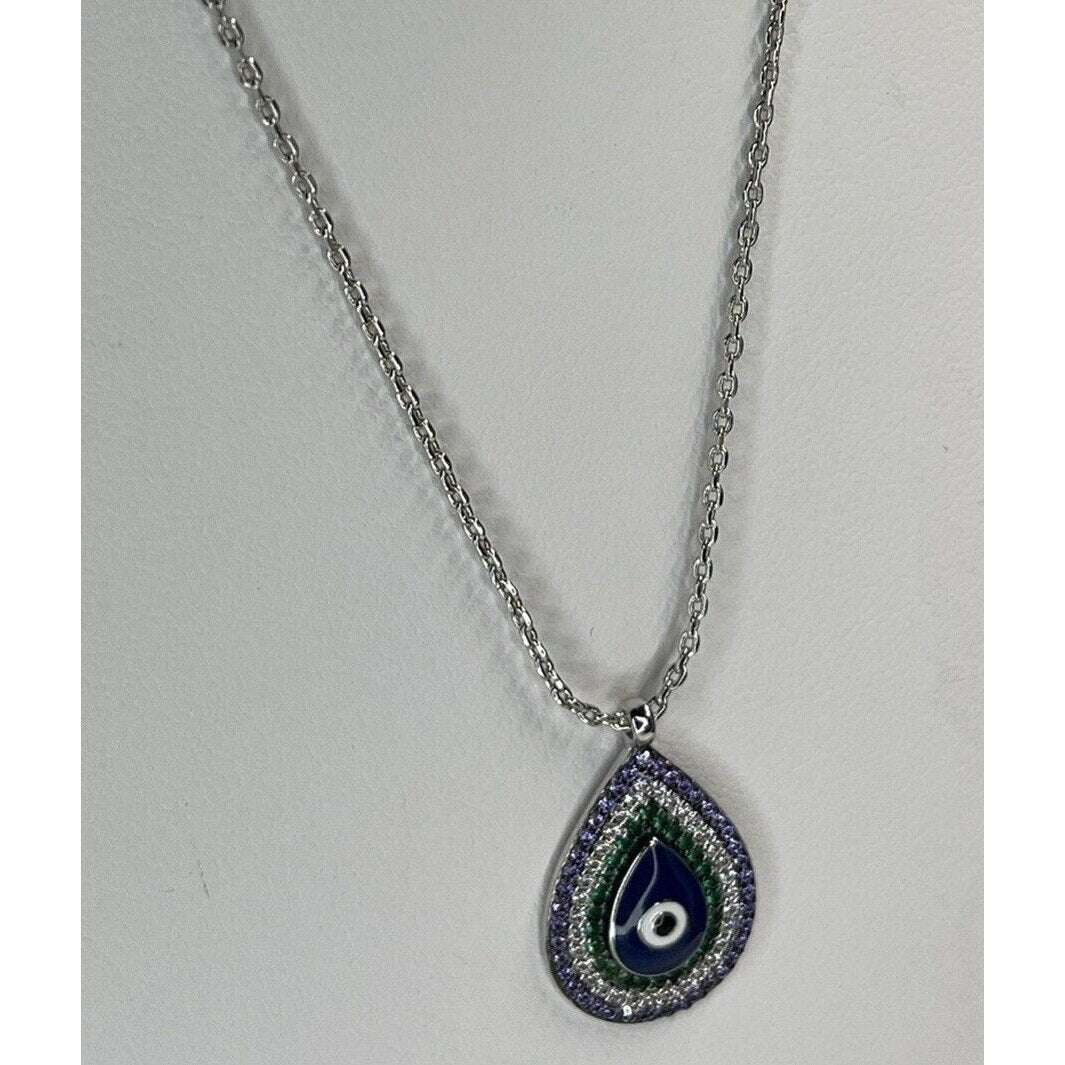 Silver Plated CZ Evil Eye Necklace Intricate Teardrop Style Trendy Stunning Chic