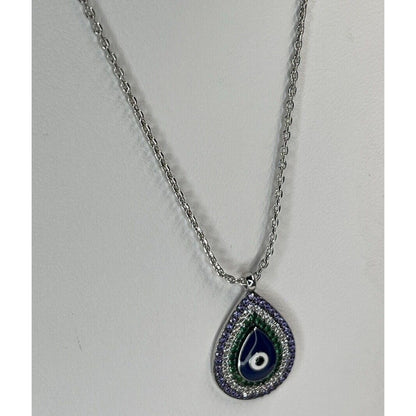 Silver Plated CZ Evil Eye Necklace Intricate Teardrop Style Trendy Stunning Chic