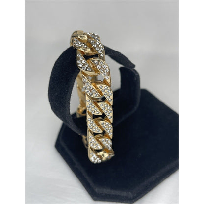 Gold Tone Crystal Chain Bracelet Men's Streetwear 8.5" Fashion Bling Glitz Style