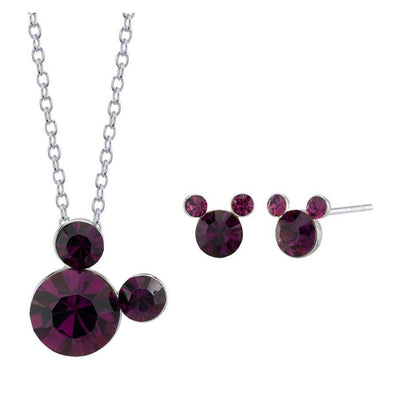 Disney Lab Amethyst Necklace Earrings (2pc Set) Mickey Ears Feb Birthstone Vday